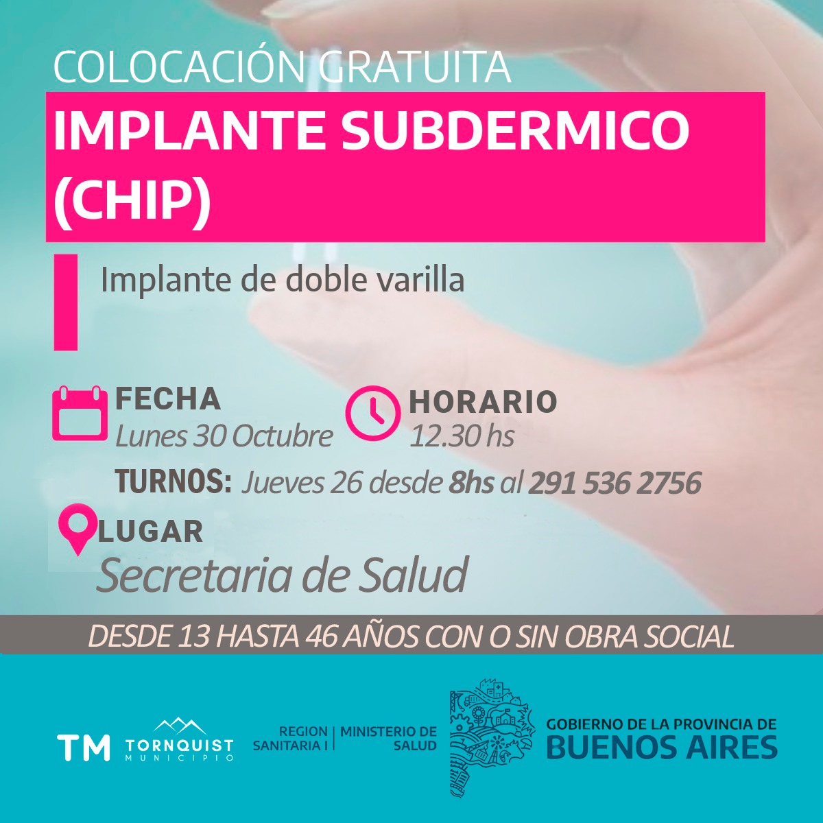 El lunes habrá una jornada de colocación gratuita de implantes subdérmicos